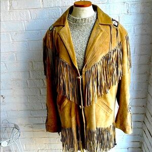 VINTAGE 3B WEST by Tansmith Native American Beaded, Fringed Tan Suede Jacket